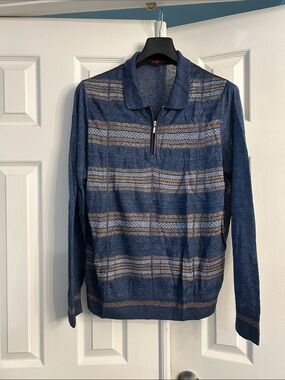 Torrid Men's Navy Zip-Up Sweater with Tan and Light Gray Stripes
